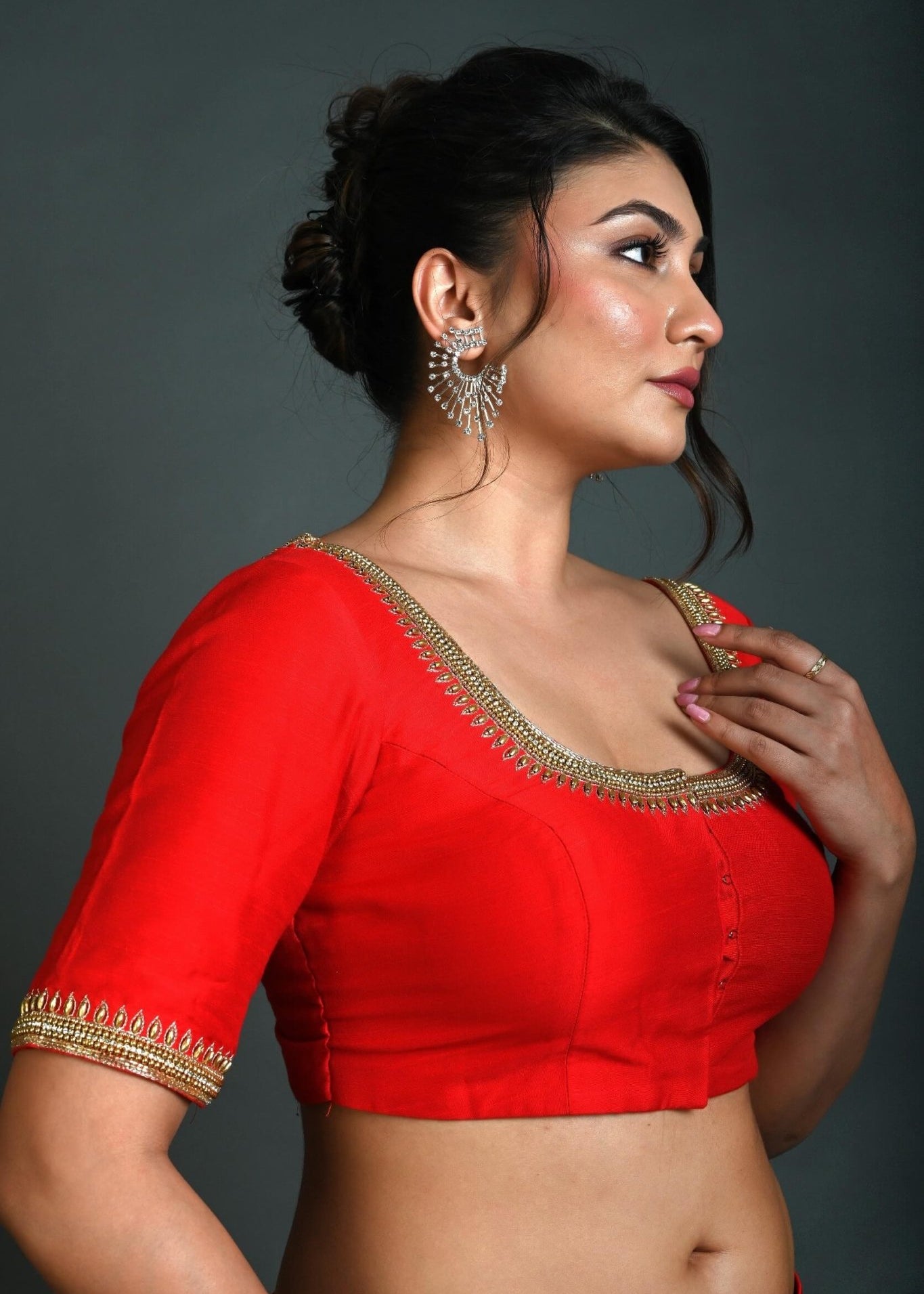 Red Bridal Half Sleeve Blouse in Silk with Aari Work - Anvi Couture