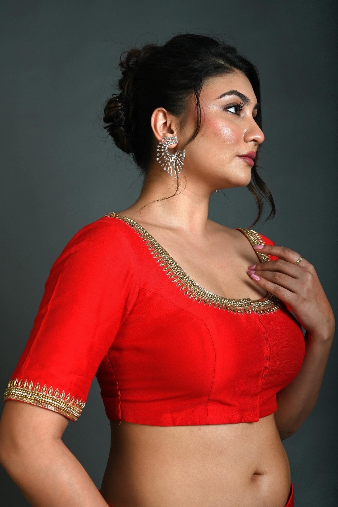 Red Bridal Half Sleeve Blouse in Silk with Aari Work - Anvi Couture