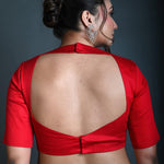Red Half Sleeve Blouse in Cotton with Square Neckline and Back Cutout - Anvi Couture