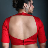 Red Half Sleeve Blouse in Cotton with Square Neckline and Back Cutout - Anvi Couture