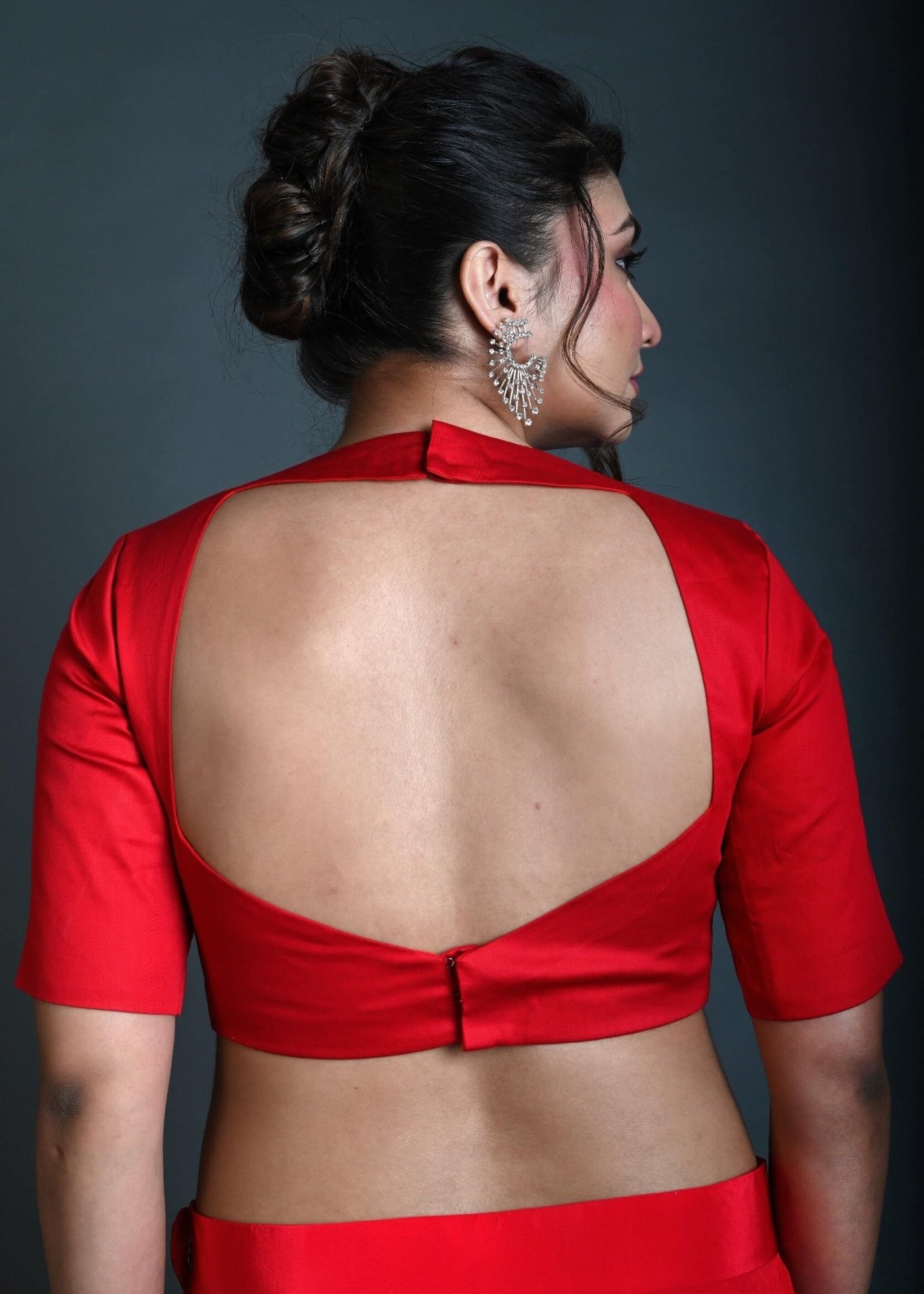 Red Half Sleeve Blouse in Cotton with Square Neckline and Back Cutout - Anvi Couture