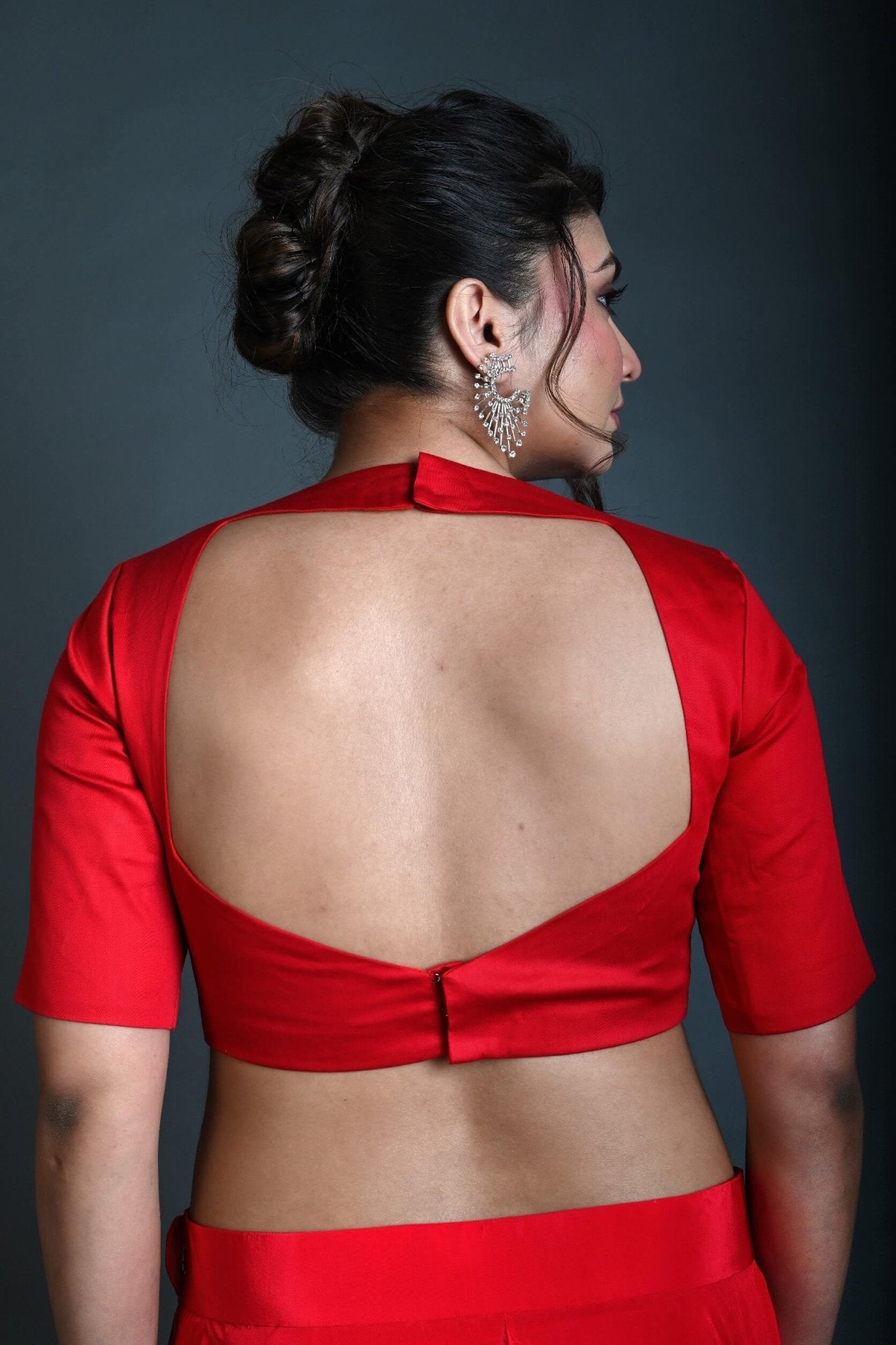 Red Half Sleeve Blouse in Cotton with Square Neckline and Back Cutout - Anvi Couture