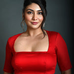 Red Half Sleeve Blouse in Cotton with Square Neckline and Back Cutout - Anvi Couture