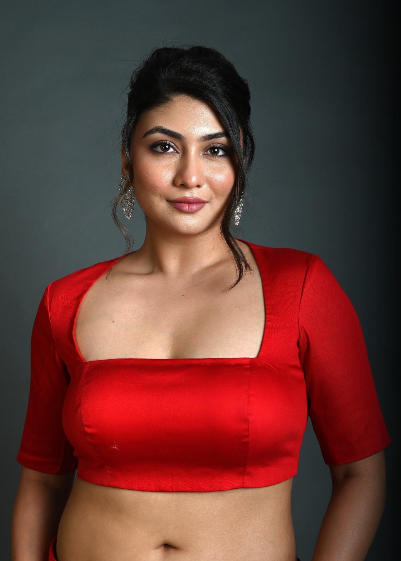 Red Half Sleeve Blouse in Cotton with Square Neckline and Back Cutout - Anvi Couture