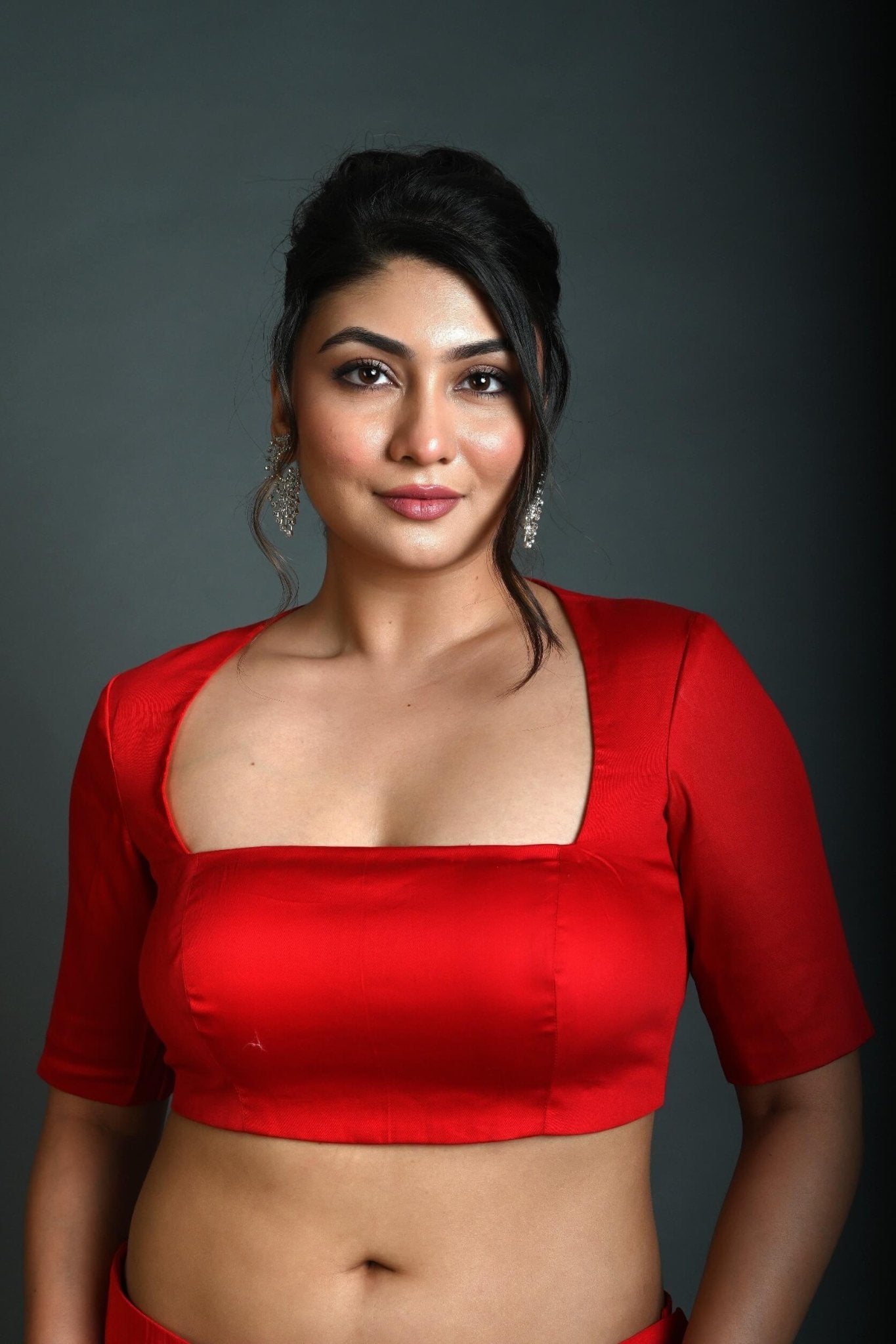 Red Half Sleeve Blouse in Cotton with Square Neckline and Back Cutout - Anvi Couture