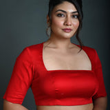 Red Half Sleeve Blouse in Cotton with Square Neckline and Back Cutout - Anvi Couture