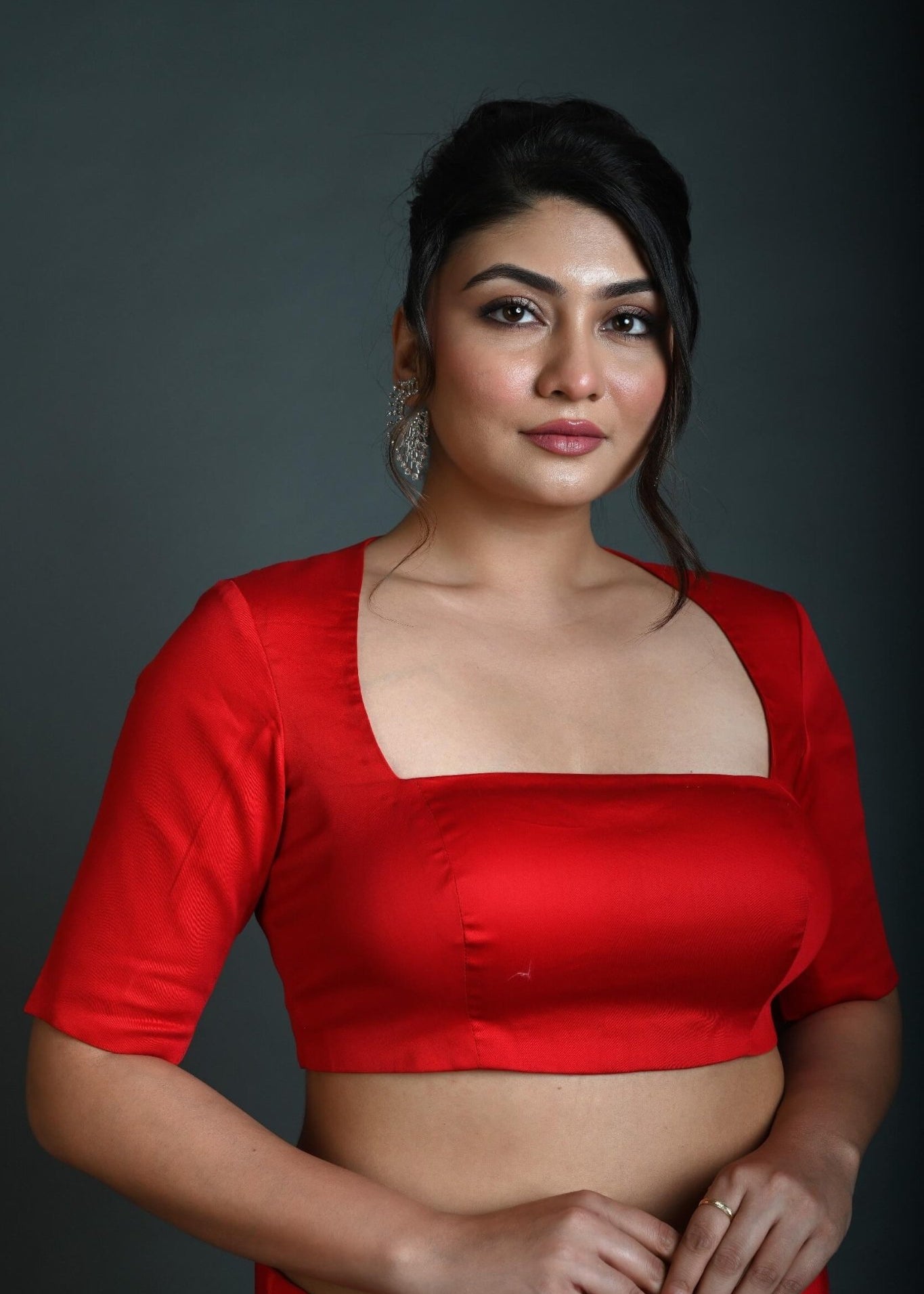 Red Half Sleeve Blouse in Cotton with Square Neckline and Back Cutout - Anvi Couture