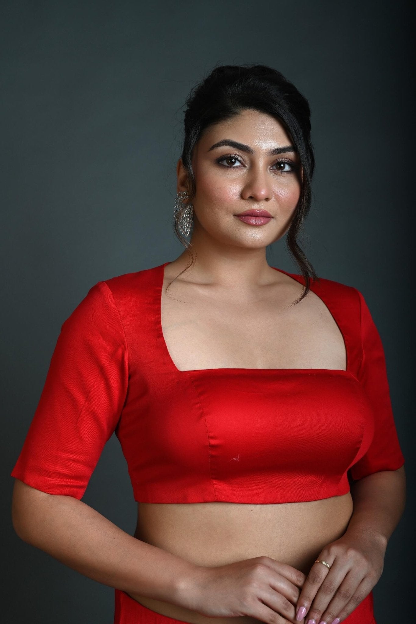 Red Half Sleeve Blouse in Cotton with Square Neckline and Back Cutout - Anvi Couture