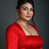 Red Half Sleeve Blouse in Cotton with Square Neckline and Back Cutout - Anvi Couture