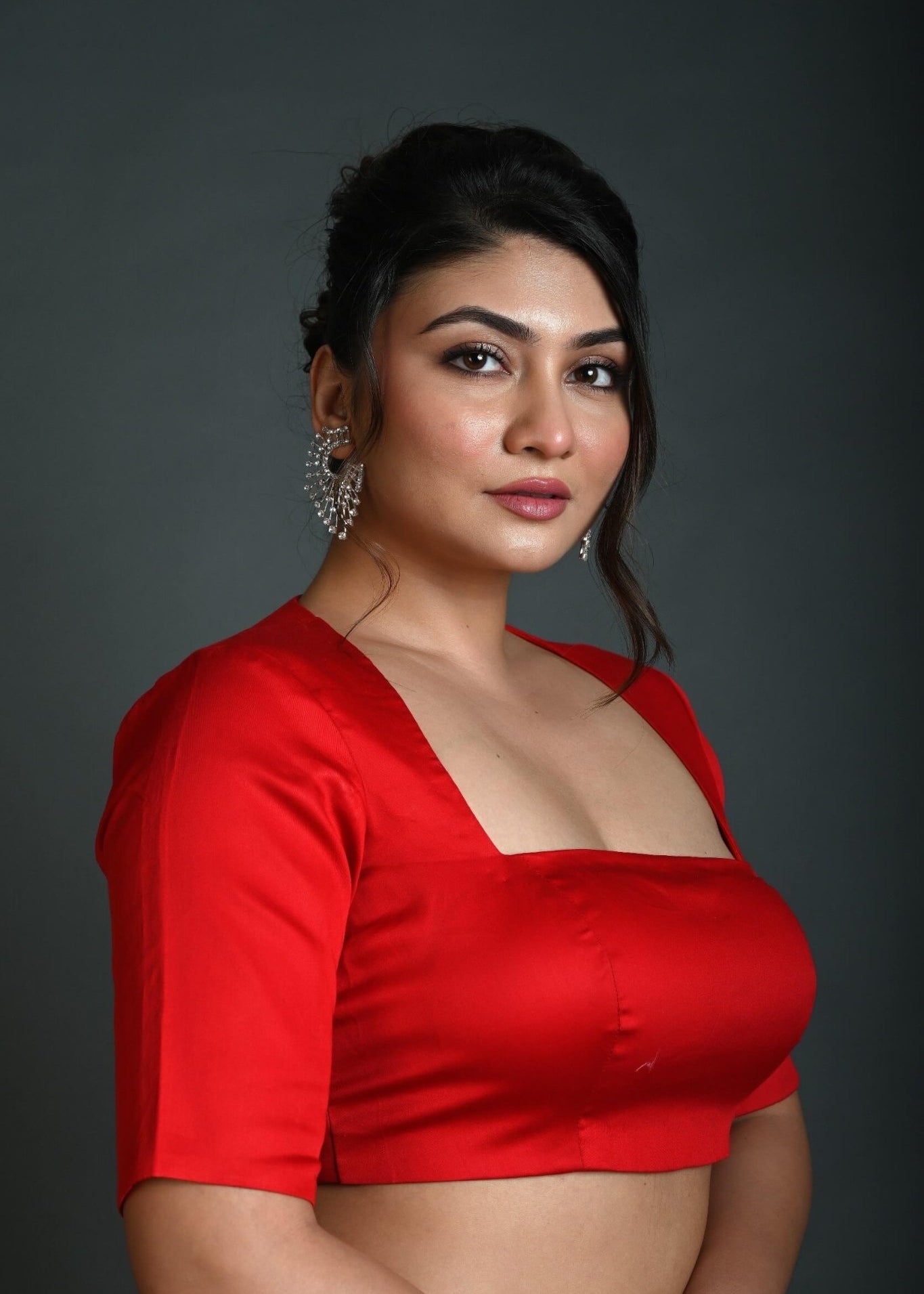 Red Half Sleeve Blouse in Cotton with Square Neckline and Back Cutout - Anvi Couture