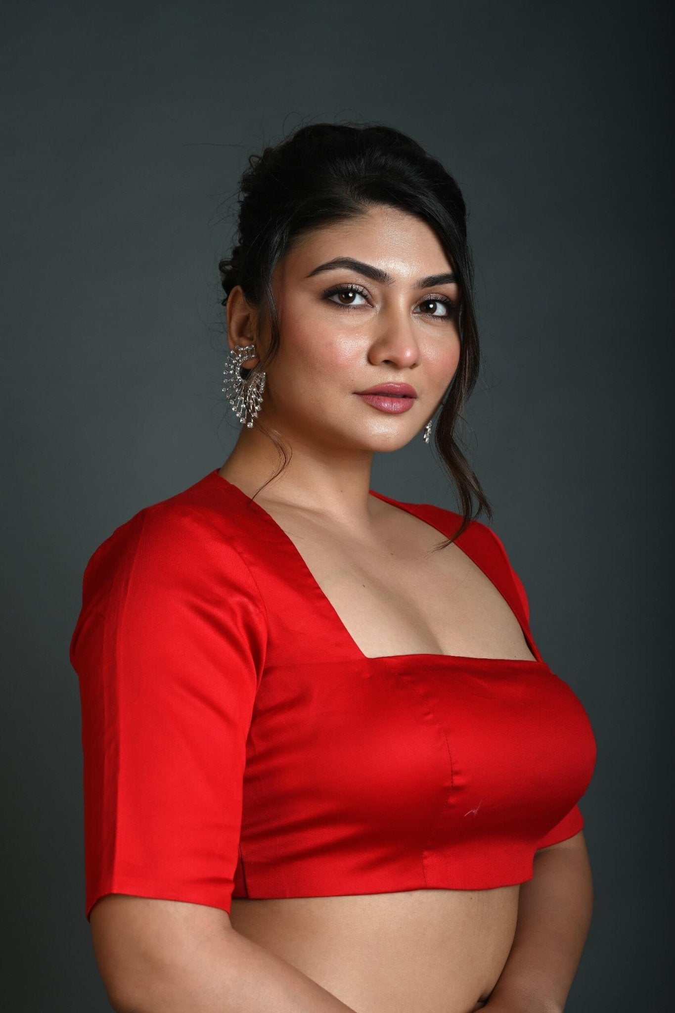 Red Half Sleeve Blouse in Cotton with Square Neckline and Back Cutout - Anvi Couture