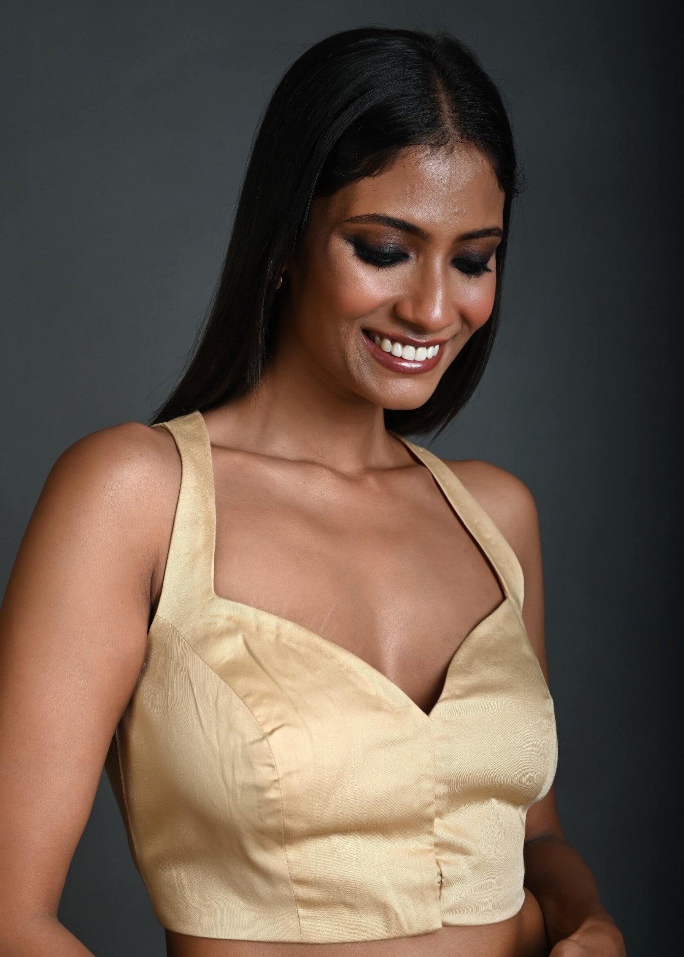Cream Sleeveless Blouse in Cotton with Sweetheart Neckline and Front Closure - Anvi Couture