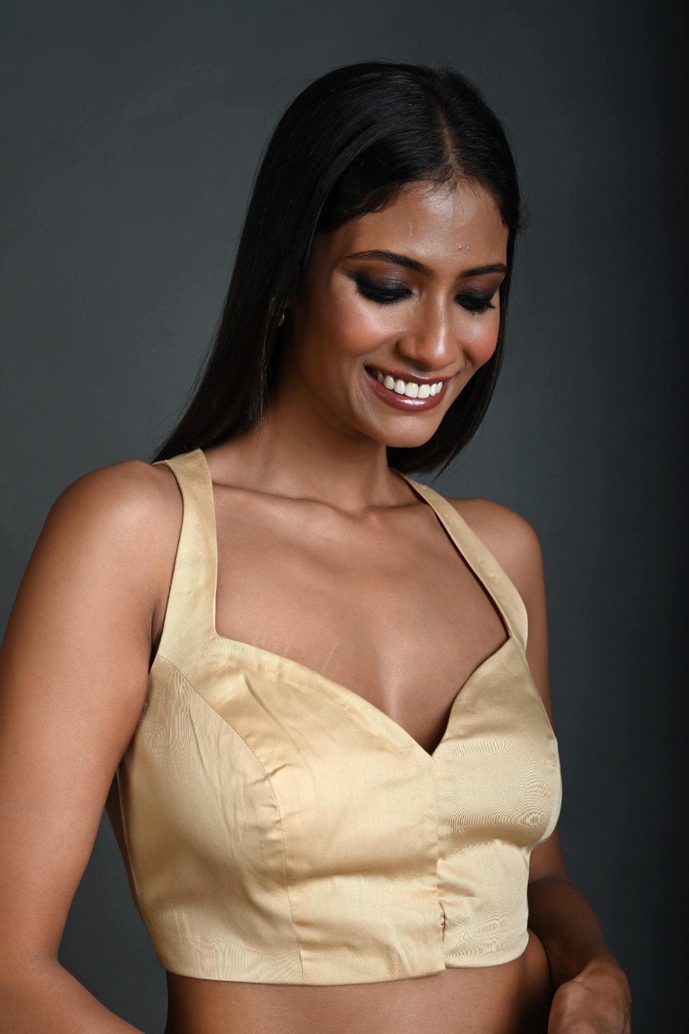 Cream Sleeveless Blouse in Cotton with Sweetheart Neckline and Front Closure - Anvi Couture