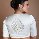 White Half Sleeve Blouse in Crepe Silk with Hand Embroidery Work - Anvi Couture