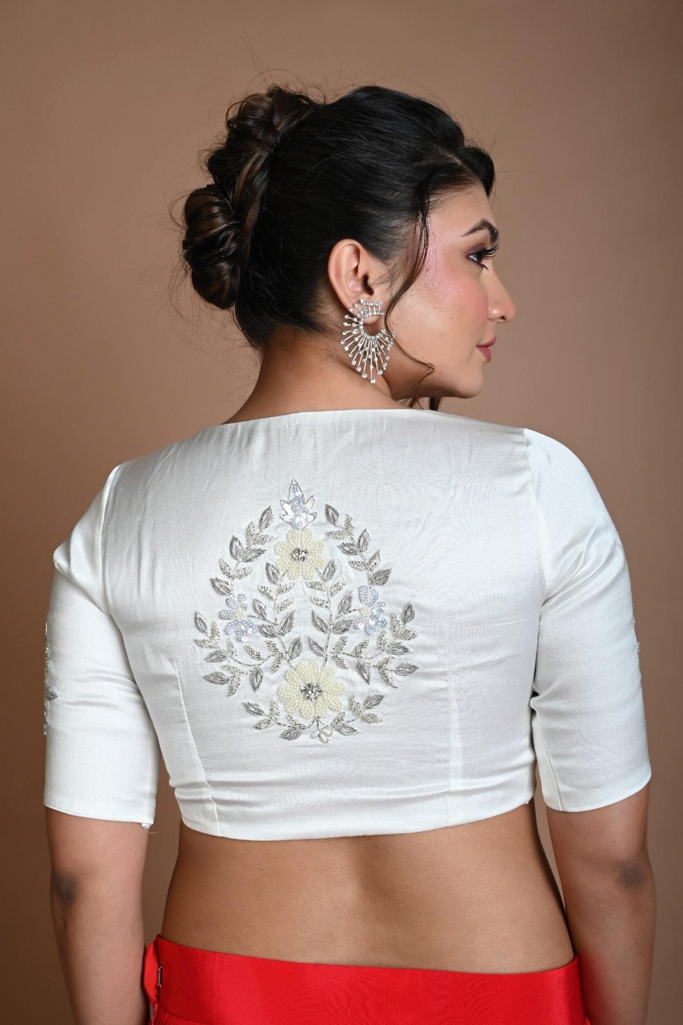 White Half Sleeve Blouse in Crepe Silk with Hand Embroidery Work - Anvi Couture
