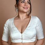 White Half Sleeve Blouse in Crepe Silk with Hand Embroidery Work - Anvi Couture