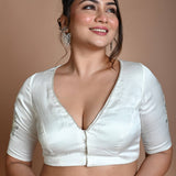 White Half Sleeve Blouse in Crepe Silk with Hand Embroidery Work - Anvi Couture