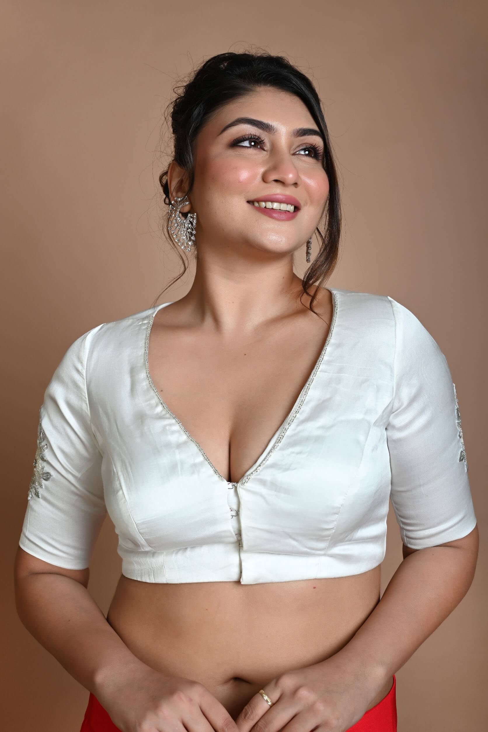 White Half Sleeve Blouse in Crepe Silk with Hand Embroidery Work - Anvi Couture