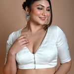 White Half Sleeve Blouse in Crepe Silk with Hand Embroidery Work - Anvi Couture