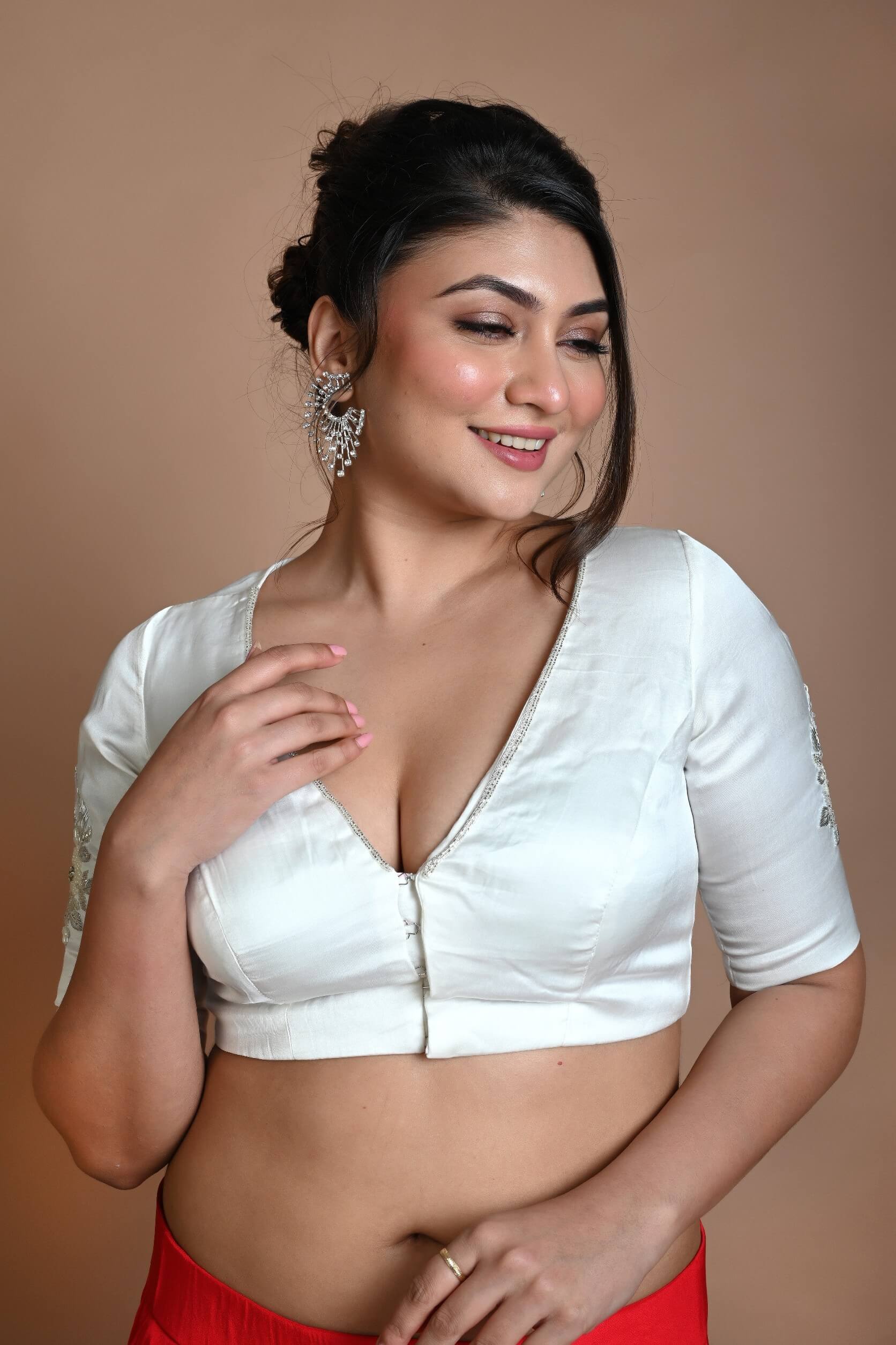 White Half Sleeve Blouse in Crepe Silk with Hand Embroidery Work - Anvi Couture