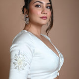White Half Sleeve Blouse in Crepe Silk with Hand Embroidery Work - Anvi Couture