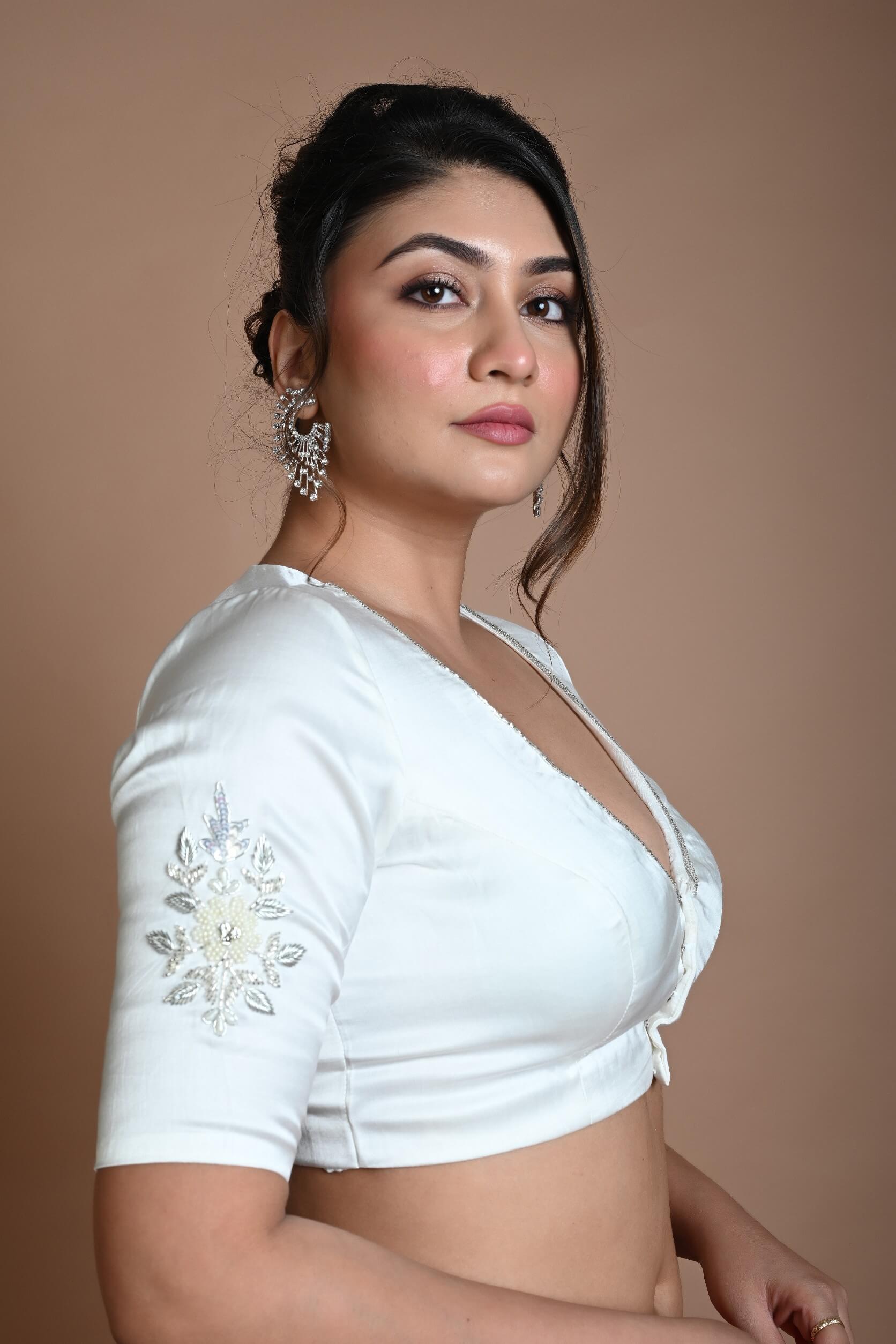 White Half Sleeve Blouse in Crepe Silk with Hand Embroidery Work - Anvi Couture