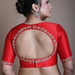 Red Hand Embroidered Halter Neck Blouse in Silk - Anvi Couture