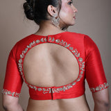 Red Hand Embroidered Halter Neck Blouse in Silk - Anvi Couture