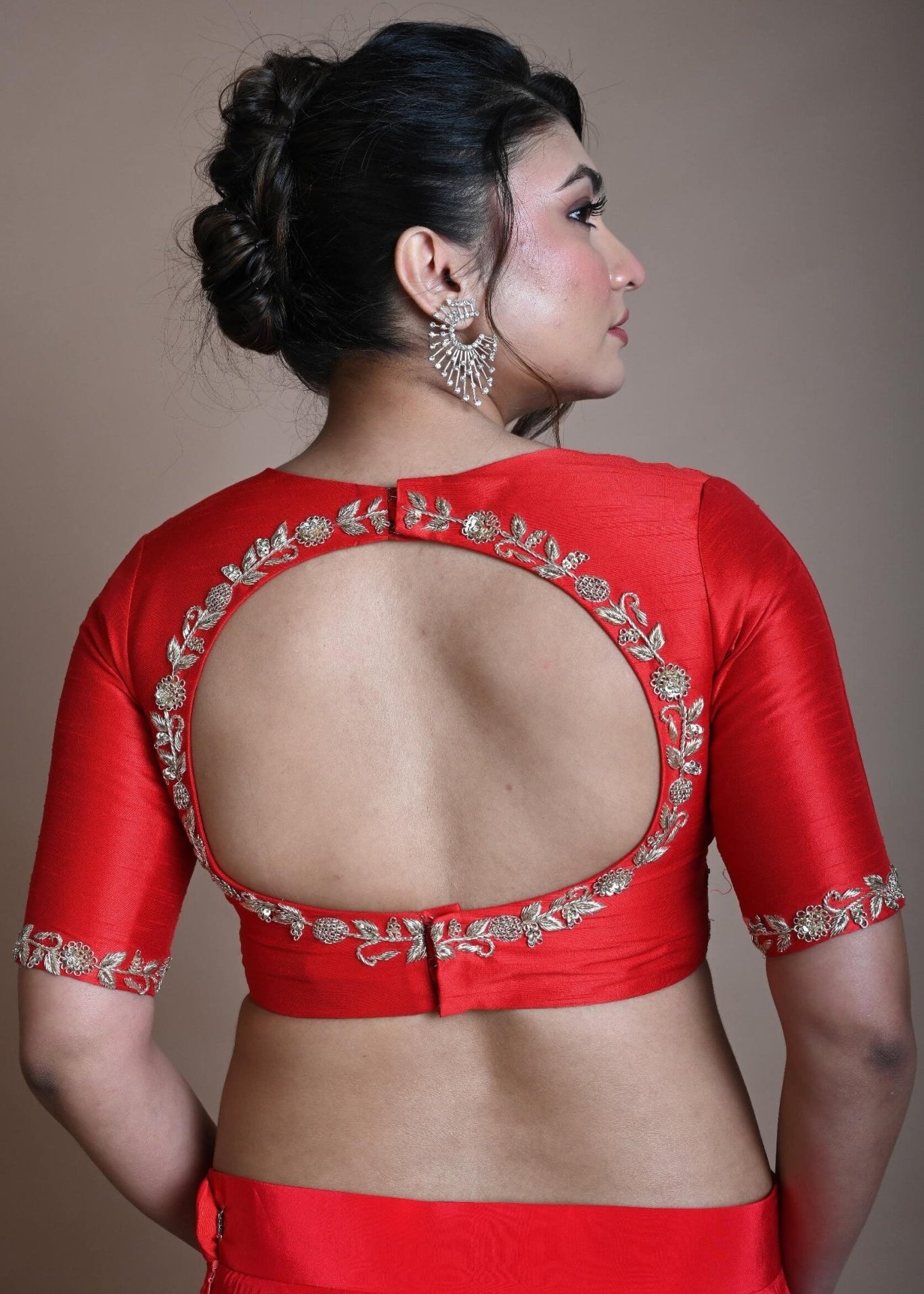 Red Hand Embroidered Halter Neck Blouse in Silk - Anvi Couture