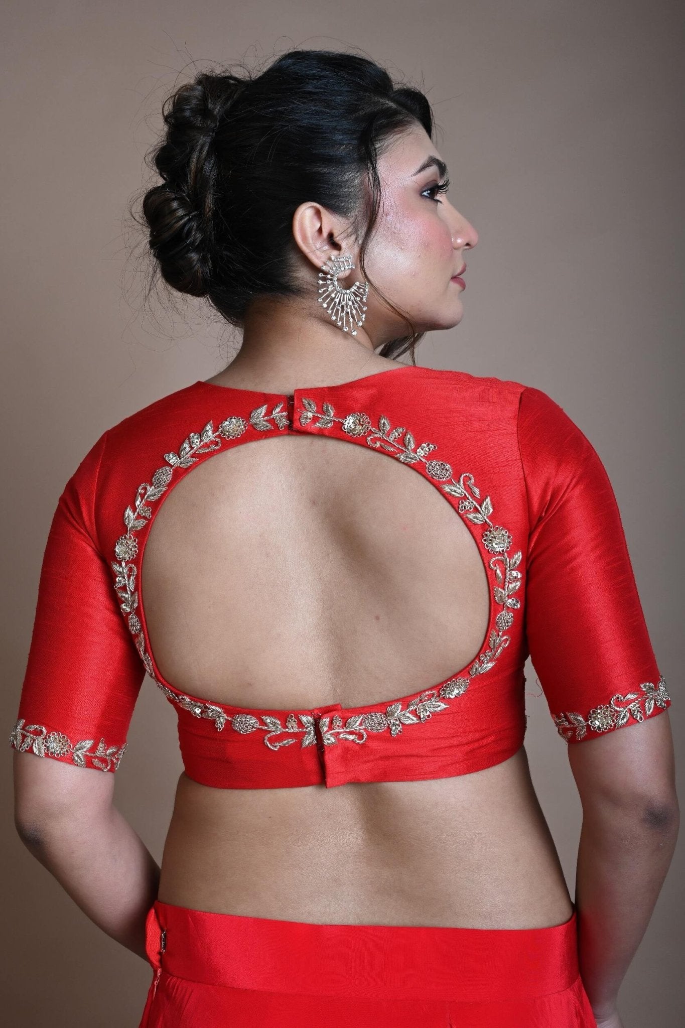 Red Hand Embroidered Halter Neck Blouse in Silk - Anvi Couture