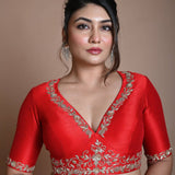 Red Hand Embroidered Halter Neck Blouse in Silk - Anvi Couture