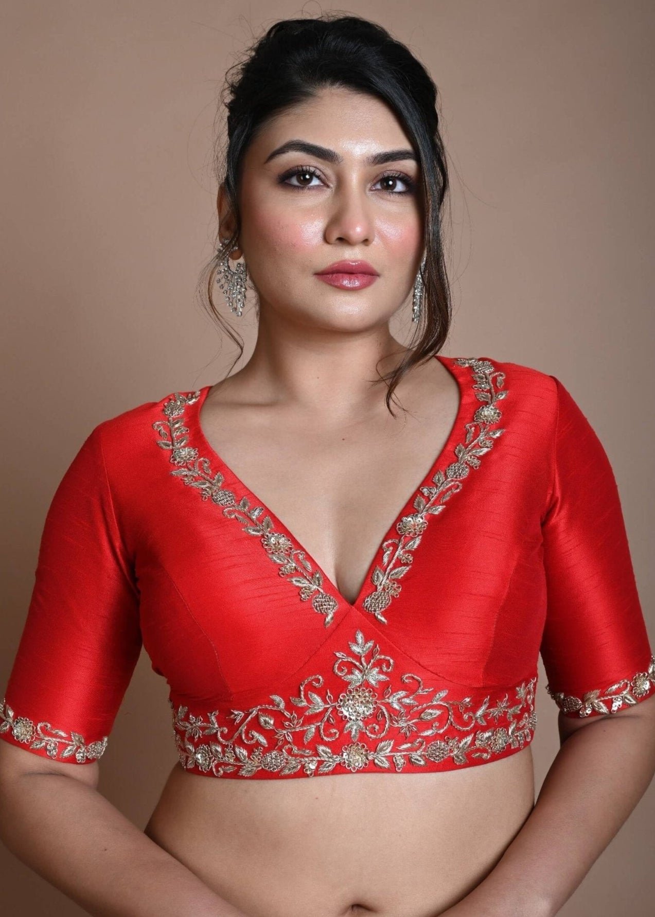 Red Hand Embroidered Halter Neck Blouse in Silk - Anvi Couture