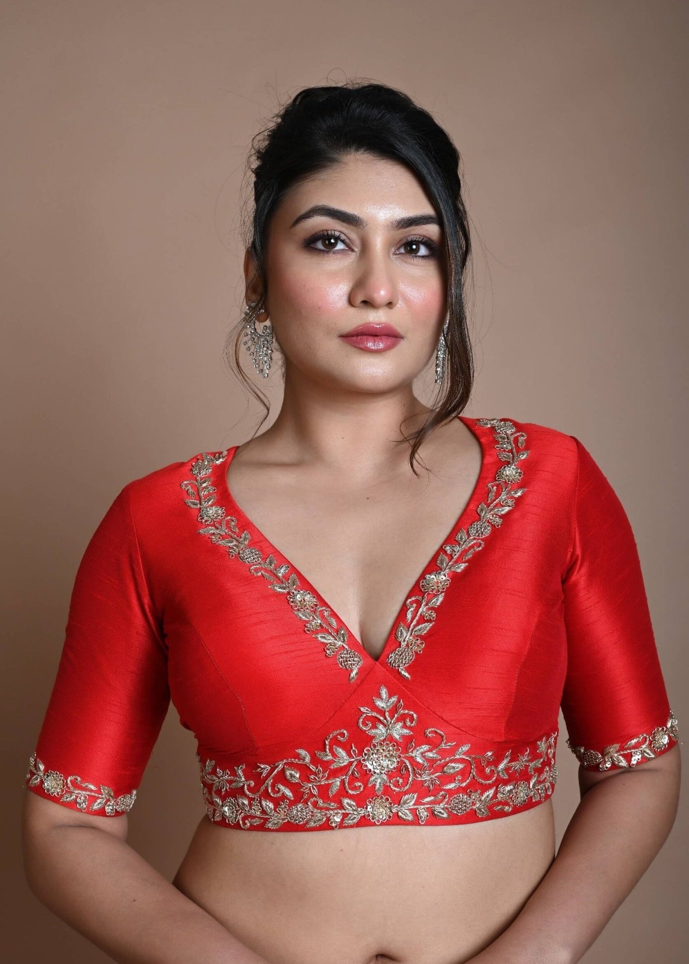 Red Hand Embroidered Halter Neck Blouse in Silk - Anvi Couture