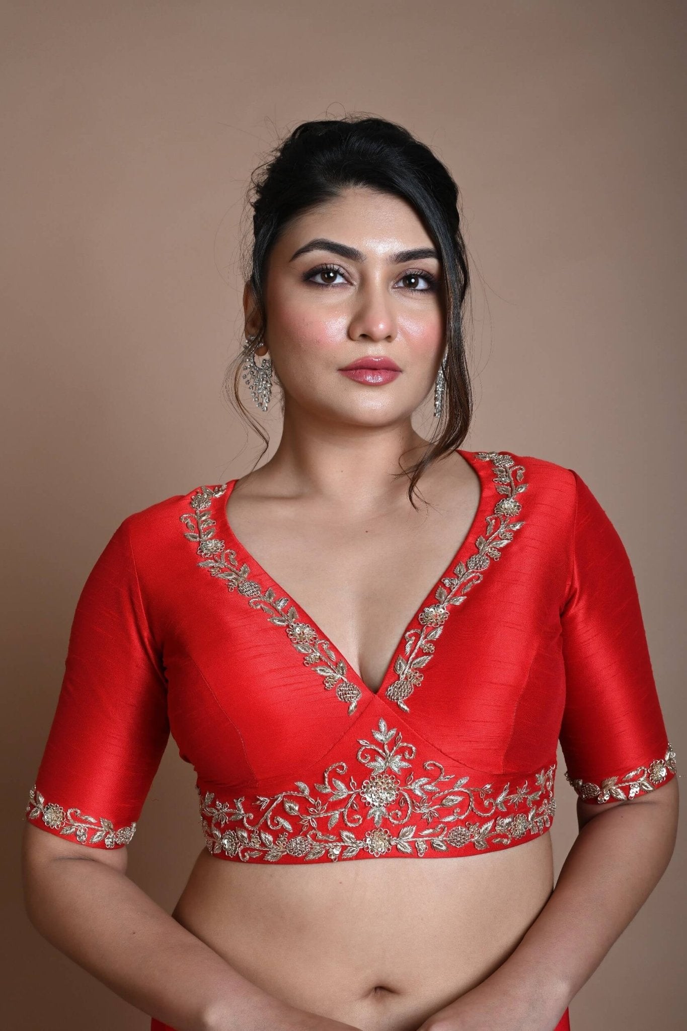 Red Hand Embroidered Halter Neck Blouse in Silk - Anvi Couture