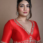 Red Hand Embroidered Halter Neck Blouse in Silk - Anvi Couture