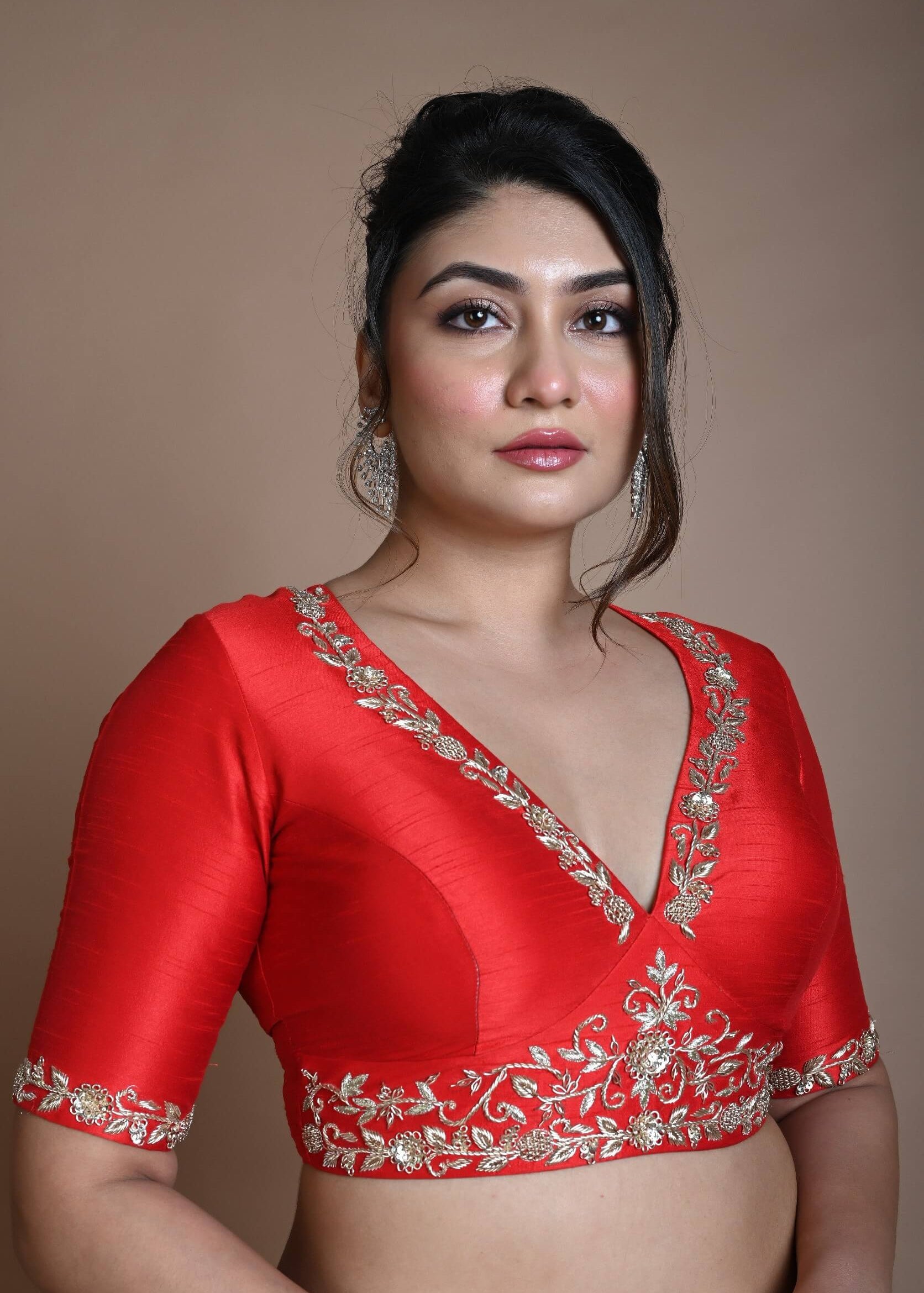 Red Hand Embroidered Halter Neck Blouse in Silk - Anvi Couture
