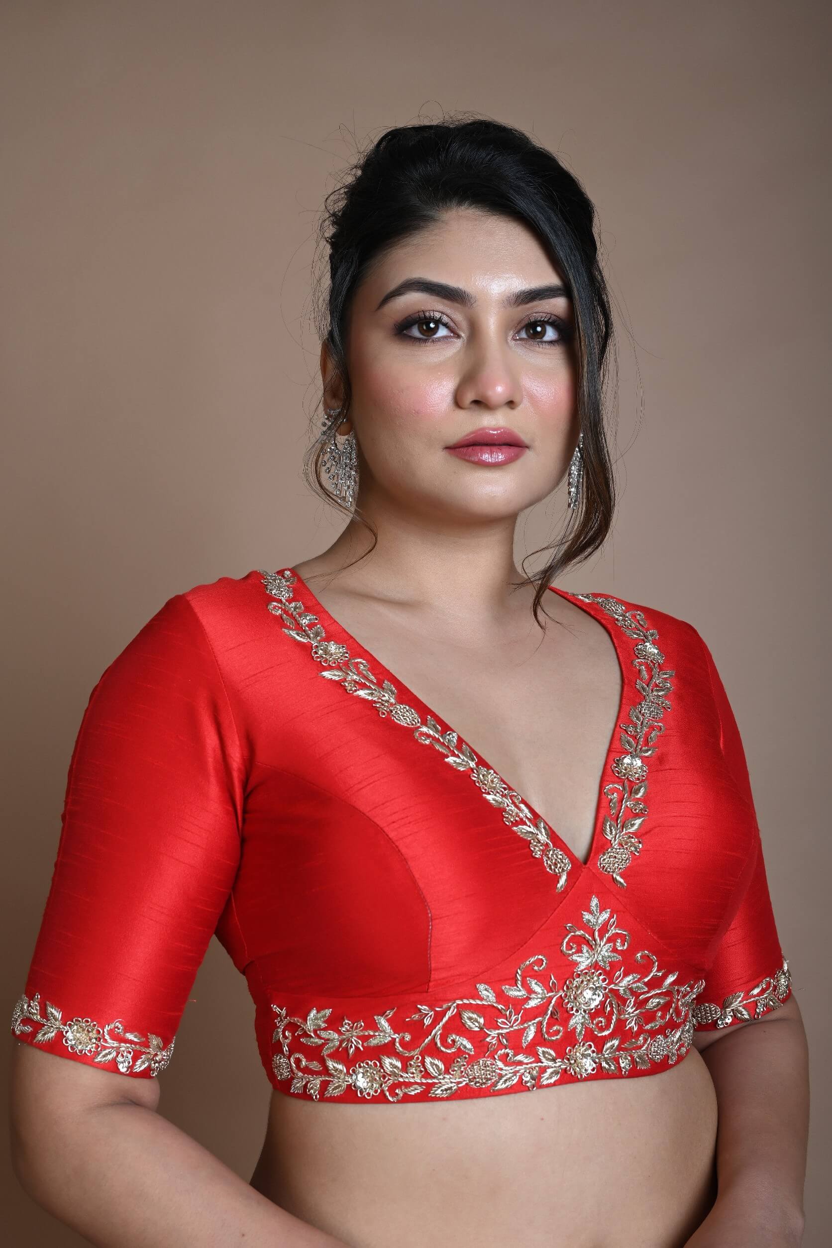 Red Hand Embroidered Halter Neck Blouse in Silk - Anvi Couture