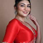 Red Hand Embroidered Halter Neck Blouse in Silk - Anvi Couture