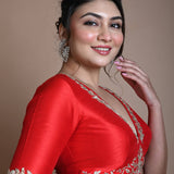 Red Hand Embroidered Halter Neck Blouse in Silk - Anvi Couture