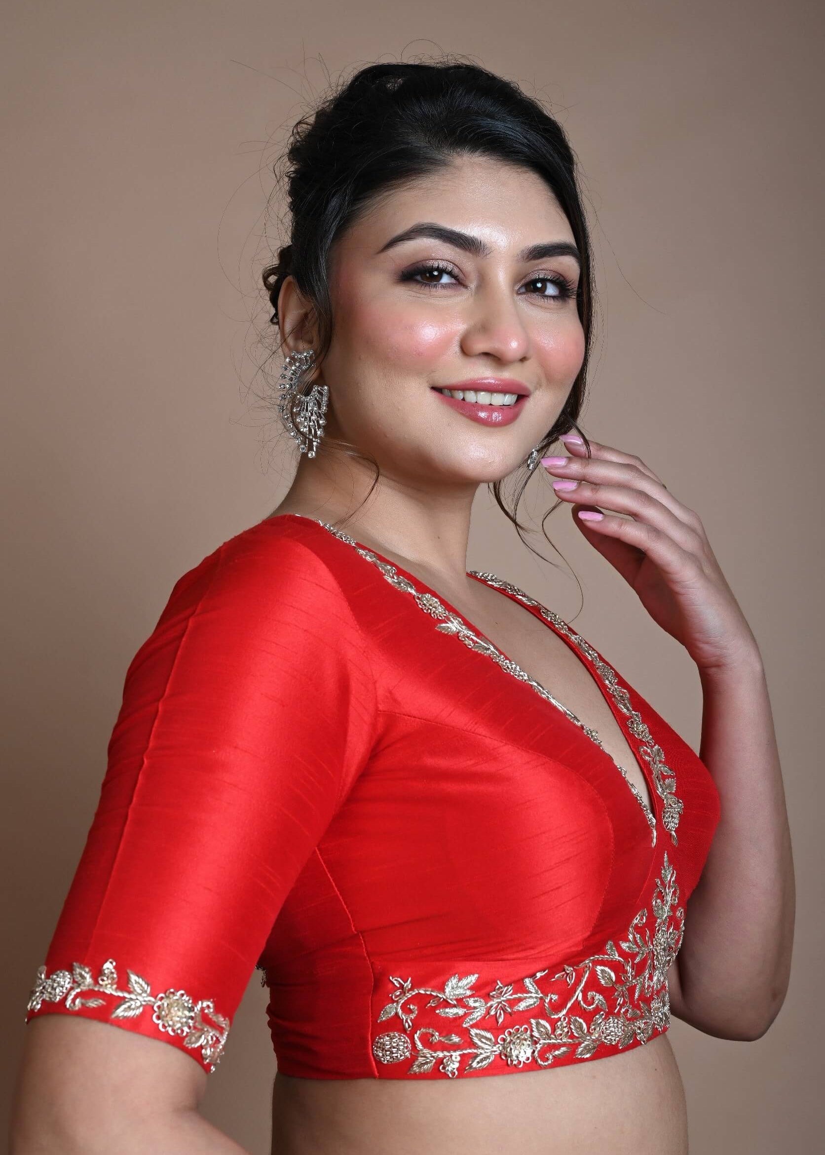 Red Hand Embroidered Halter Neck Blouse in Silk - Anvi Couture