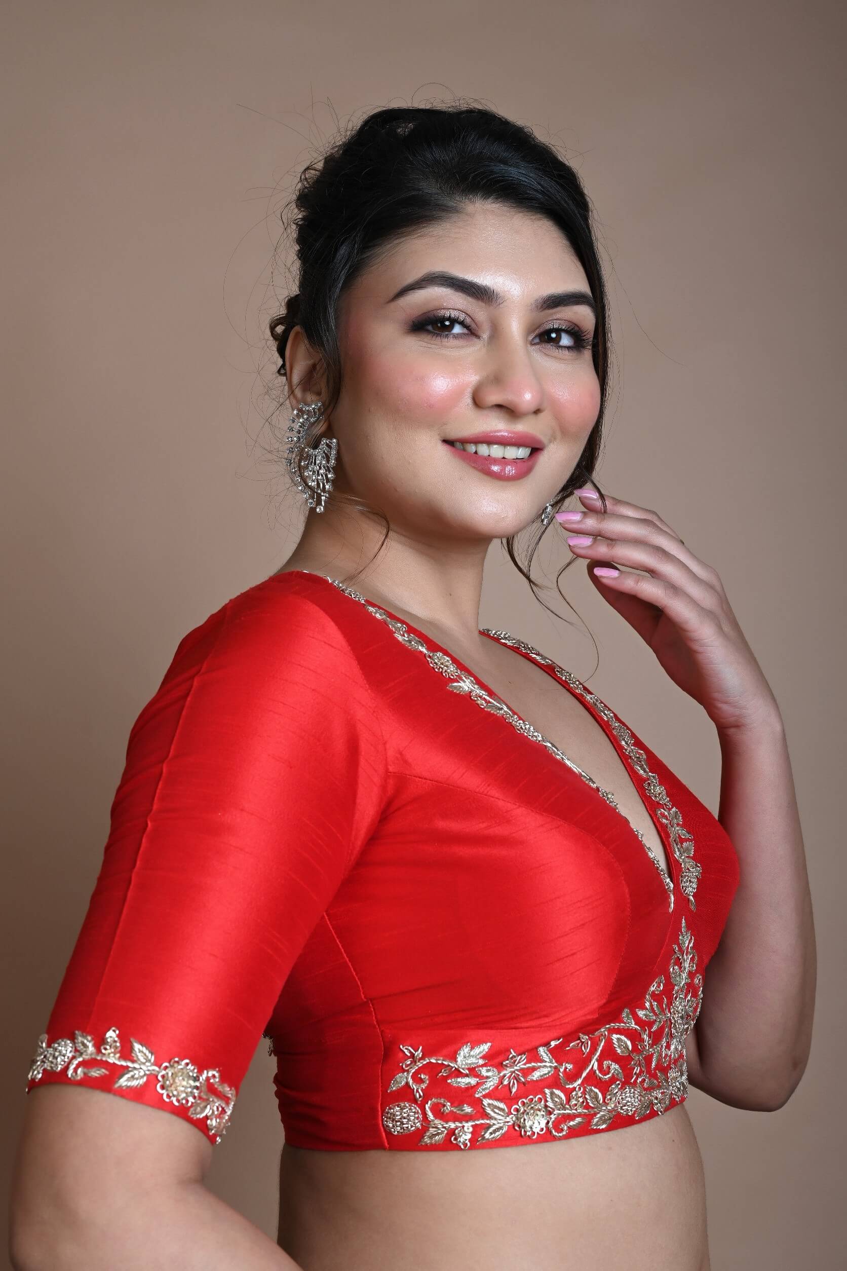 Red Hand Embroidered Halter Neck Blouse in Silk - Anvi Couture