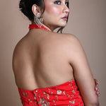 Red Hand Embroidered Halter Neck Blouse in Silk - Anvi Couture