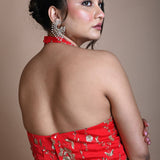 Red Hand Embroidered Halter Neck Blouse in Silk - Anvi Couture