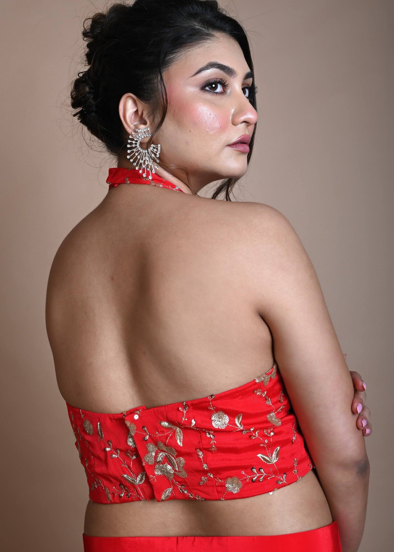 Red Hand Embroidered Halter Neck Blouse in Silk - Anvi Couture