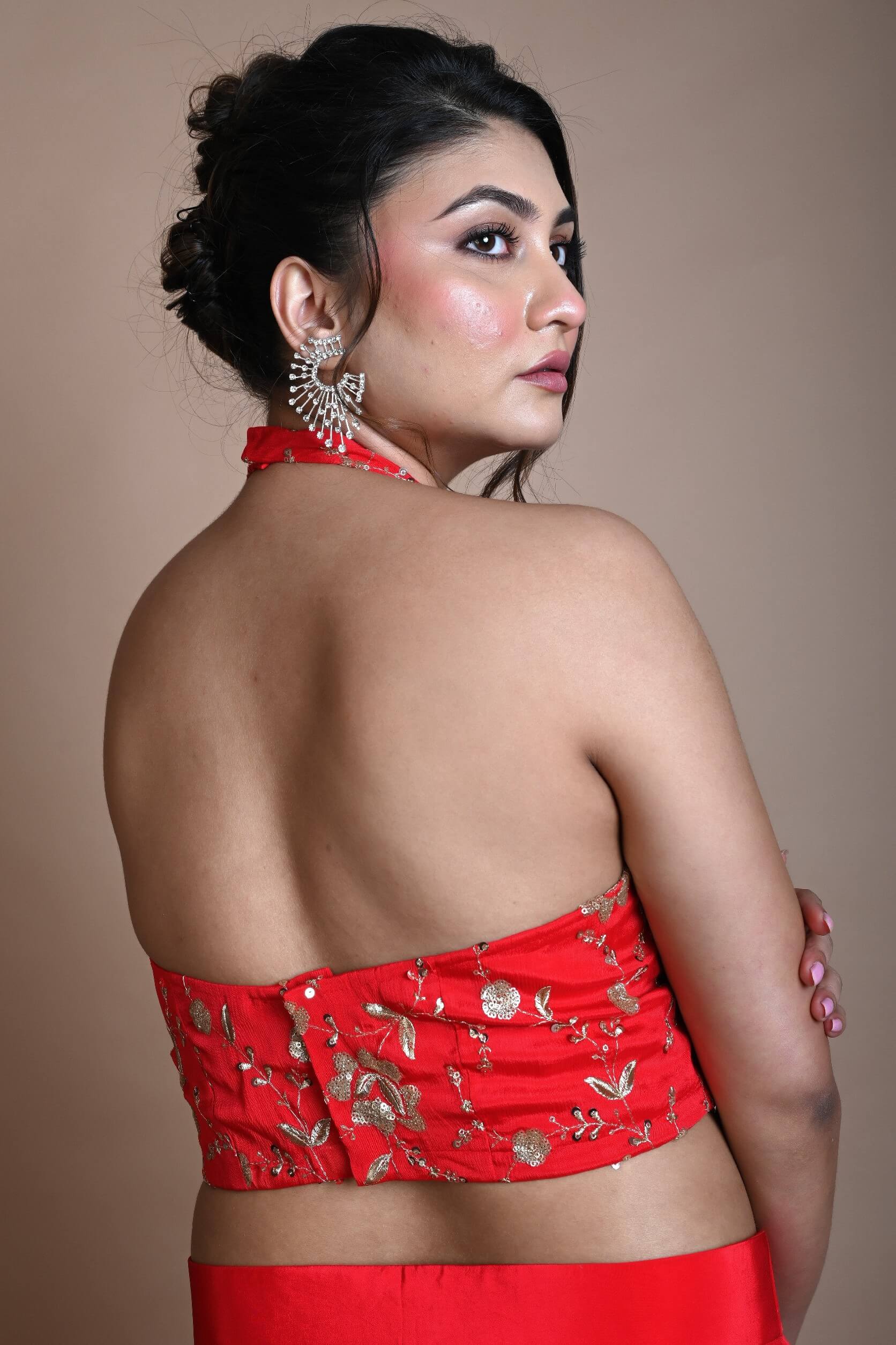 Red Hand Embroidered Halter Neck Blouse in Silk - Anvi Couture