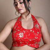 Red Hand Embroidered Halter Neck Blouse in Silk - Anvi Couture