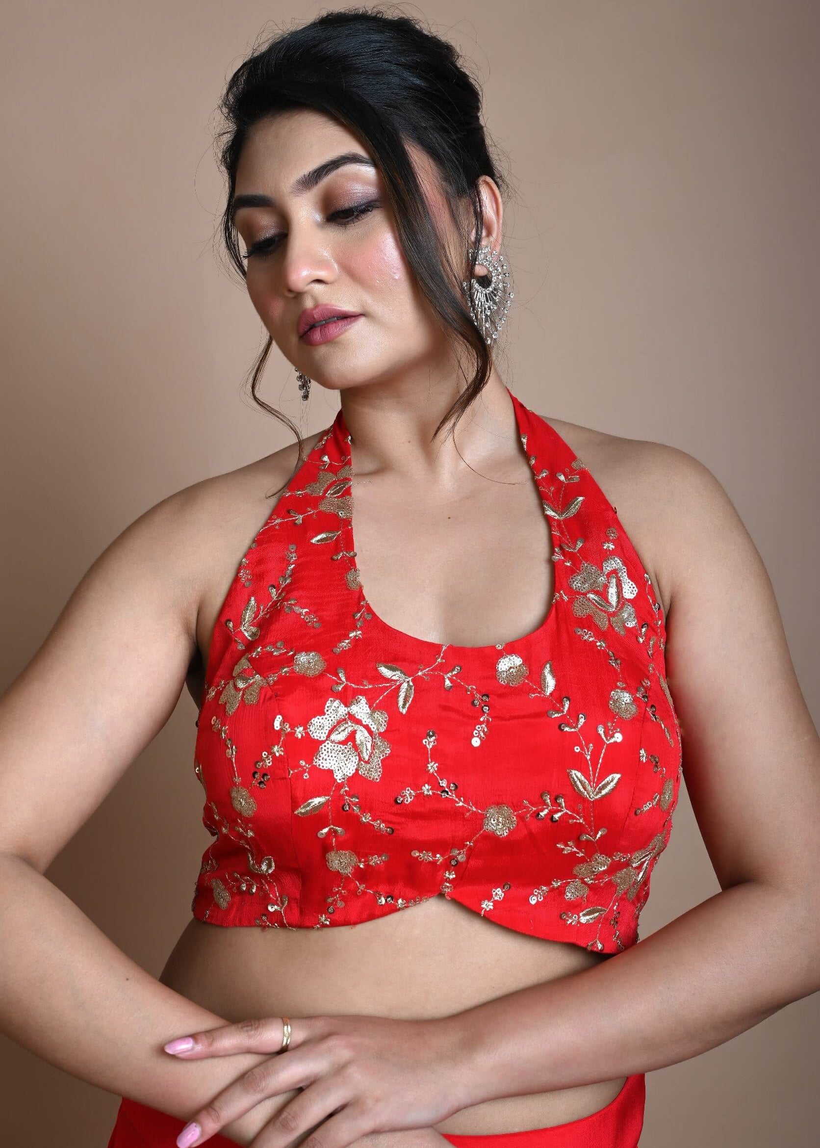 Red Hand Embroidered Halter Neck Blouse in Silk - Anvi Couture