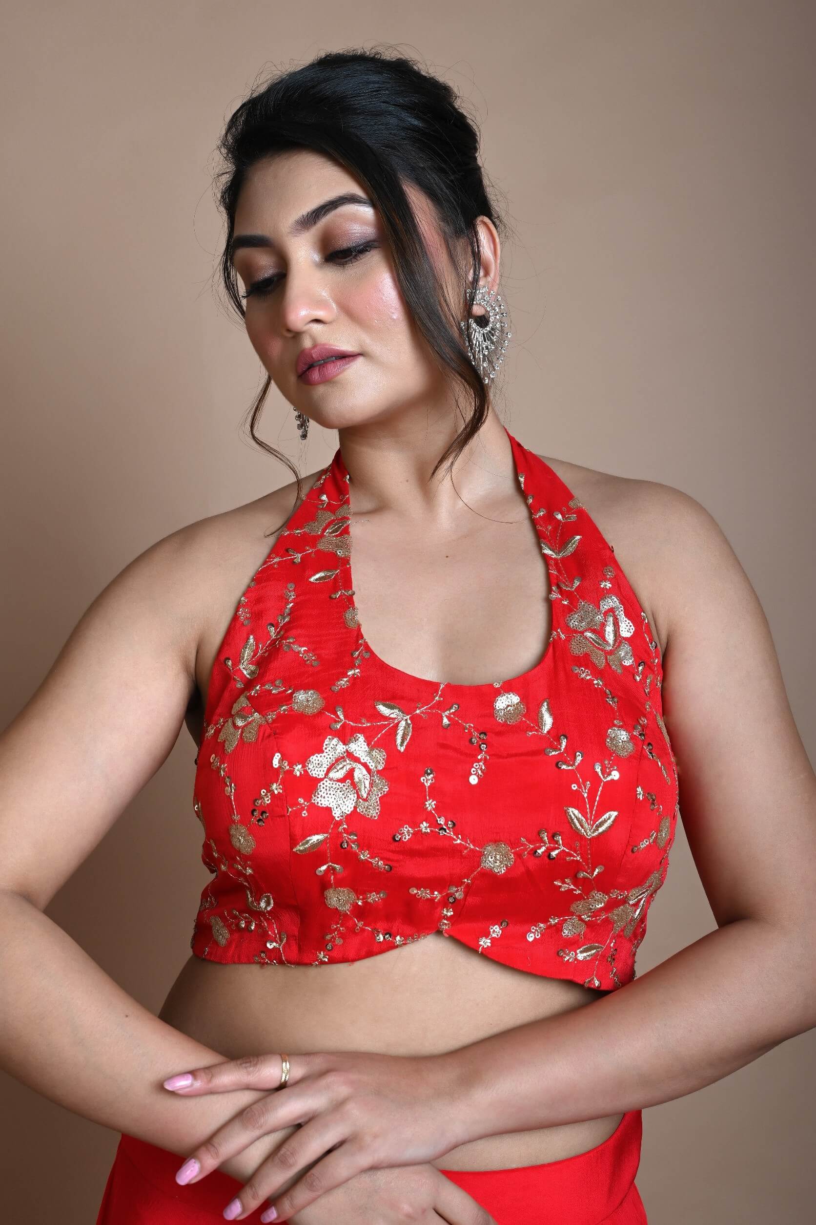 Red Hand Embroidered Halter Neck Blouse in Silk - Anvi Couture