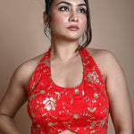 Red Hand Embroidered Halter Neck Blouse in Silk - Anvi Couture