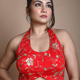 Red Hand Embroidered Halter Neck Blouse in Silk - Anvi Couture